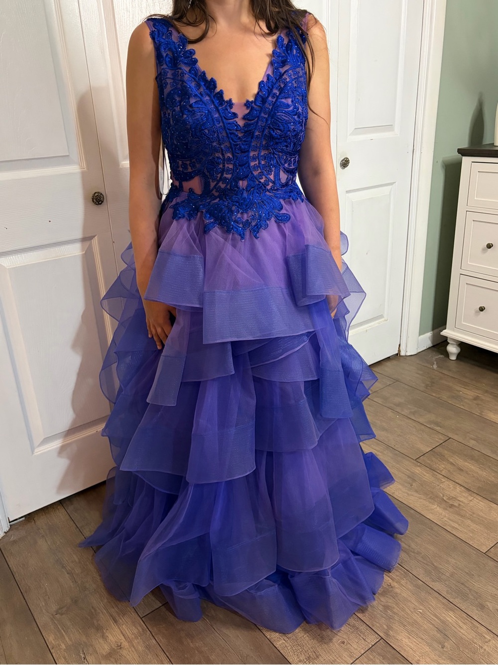 Ellie Wilde by Mon Cheri Prom Dress Size 12 Royal Blue/Lavender Tulle Gown